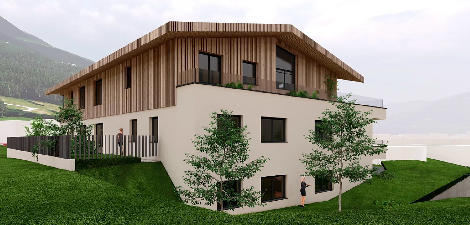 Visualisierung des Wohnhauses Bichling 64 in Westendorf mit Lärchenholzfassade vor den Kitzbüheler Alpen